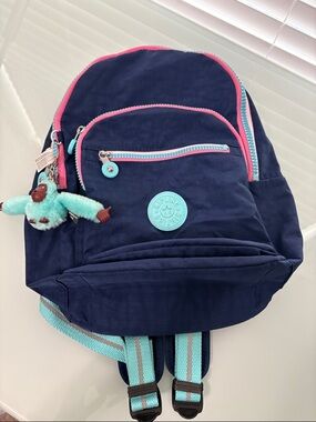Kipling Seoul Small BTS Tablet Backpack in Navy Pink & Aqua Accents